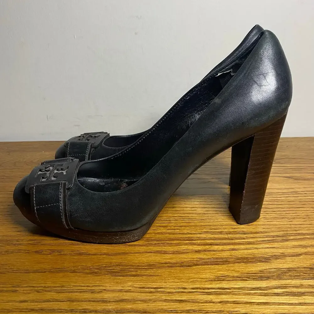 Tory Burch Women’s 7.5M Black Leather Block High Heel Pumps Big Logo Round Toe